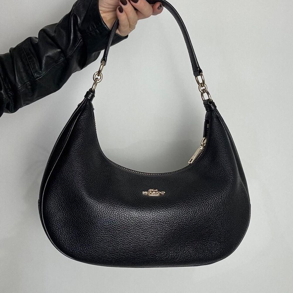 Coach Harley East West Black Leather Hobo Shoulder Bag with Gold Hardware